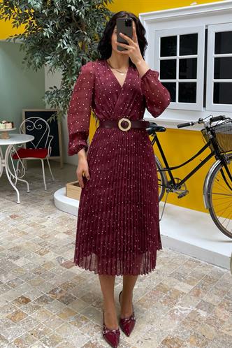 Bordo Kruvaze Yaka Puantiyeli Şifon Elbise MG2065