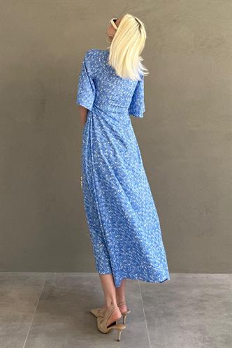 Mavi Çiçek Desenli  Yarım Kollu Elbise MG2395