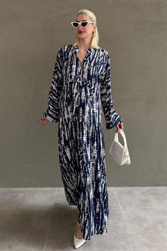 Lacivert  Desenli Önü Düğmeli  Uzun Kollu Elbise MG2398