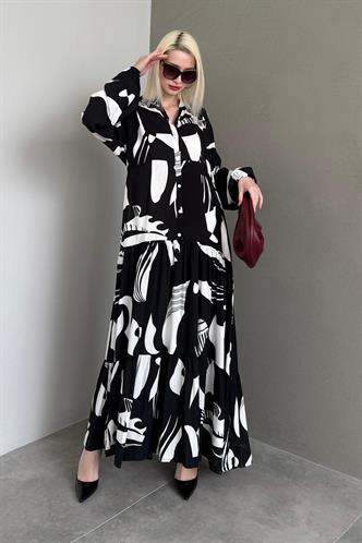 Siyah Desenli Düğmeli Uzun Kollu Elbise MG2391