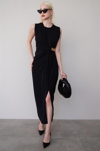 Siyah Bronşlu Midi Boy Kadın Elbise Mg2418