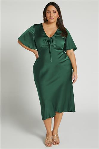 Yeşil Midi Boy Kısa Kollu Saten Elbise MG2013