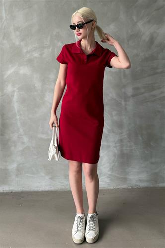 Bordo Düğmeli Polo Yaka Kadın Elbise Mg2305