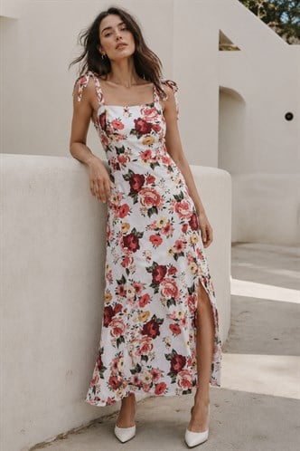 Pembe Çiçekli Bağlanabilir Askı Midi Boy Kadın Elbise Mg2465