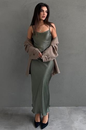 Yeşil Ayarlanabilir Askı Dantel Detaylı Kadın Elbise Mg2660