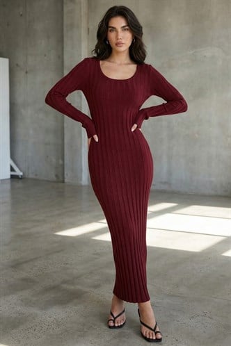 Bordo Vücuda Oturan Fitilli Triko Midi Kadın Elbise MG2691