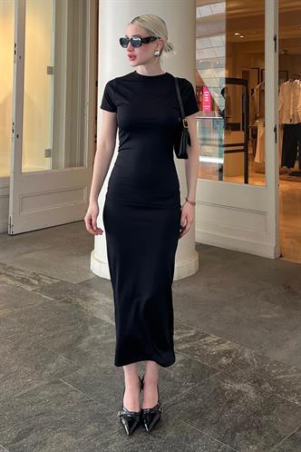 Siyah Basic Yarım Balıkçı Uzun Elbise MG1856