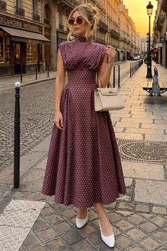 Bordo Puantiyeli Belden Oturtmalı Midi Elbise MG2873