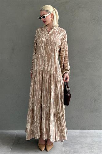 Bej Desenli Önü Düğmeli  Uzun Kollu Elbise MG2398
