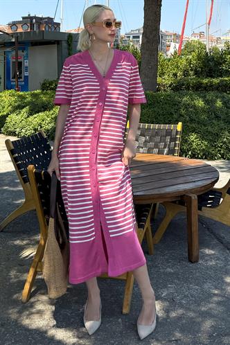 Pembe Düğmeli Triko Kadın Elbise MG1648