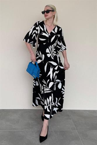 Siyah Desenli  Yarım Kollu Elbise MG2395