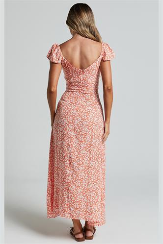 Turuncu Desenli Yırtmaçlı Uzun Elbise MG2004