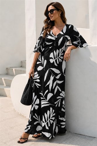 Siyah Desenli  Yarım Kollu Elbise MG2395
