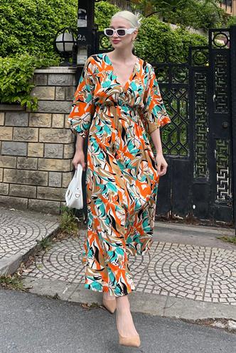 Turuncu Uzun V Yaka Desenli Kadın Elbise MG2076