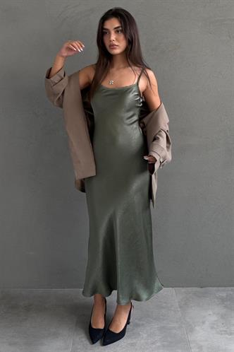 Yeşil Ayarlanabilir Askı Dantel Detaylı Kadın Elbise Mg2660