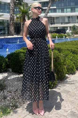 Siyah Puantiyeli Sıfır Kol Halter Yaka Elbise MG2134