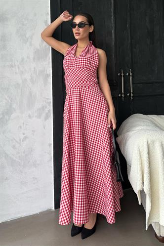 Kırmızı Ekoseli Midi Boy Kadın Elbise Mg2350