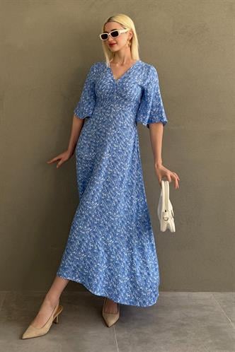 Mavi Çiçek Desenli  Yarım Kollu Elbise MG2395
