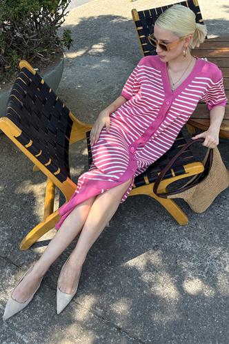 Pembe Düğmeli Triko Kadın Elbise MG1648