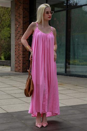 Pembe Bisiklet Yaka Askılı Uzun Basic Kadın Elbise MG2163