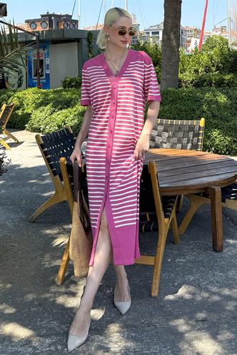 Pembe Düğmeli Triko Kadın Elbise MG1648