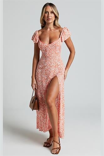 Turuncu Desenli Yırtmaçlı Uzun Elbise MG2004