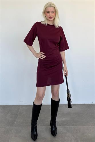 Bordo Bisiklet Yaka Yarım Kollu Kadın Tişört Elbise MG2656 