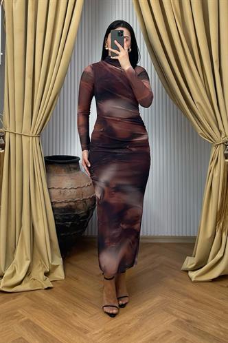 Kahverengi Desenli Uzun Kollu Tül Elbise MG2008