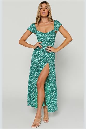 Mavi Desenli Yırtmaçlı Uzun Elbise MG2004