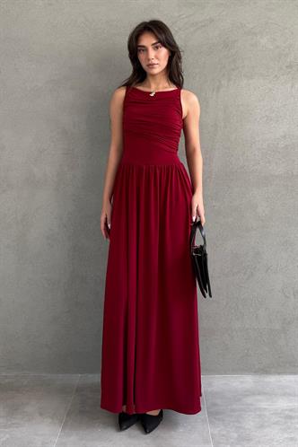 Bordo Önü Dökümlü Uzun Boy Kadın Elbise Mg2364