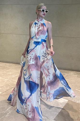 Saks/Pembe Halter Yaka Yırtmaç Detaylı Desenli Uzun Elbise MG2162