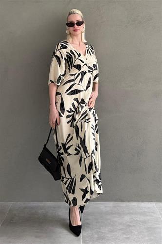 Ekru Desenli  Yarım Kollu Elbise MG2395