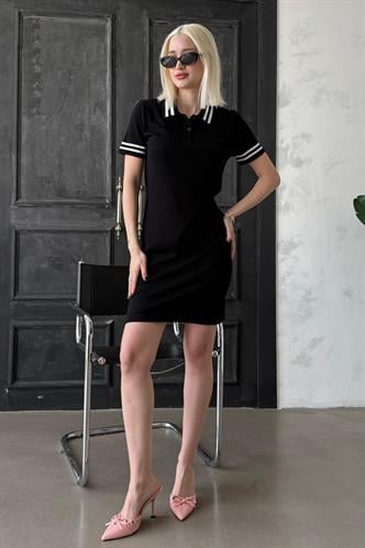 Siyah Polo Yaka Şerit Detaylı Kadın Elbise Mg2344