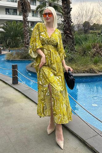 Yeşil Desenli Yırtmaç Detaylı Uzun Elbise MG2325