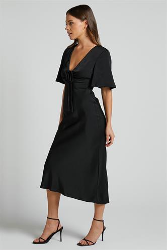 Siyah Midi Boy Kısa Kollu Saten Elbise MG2013