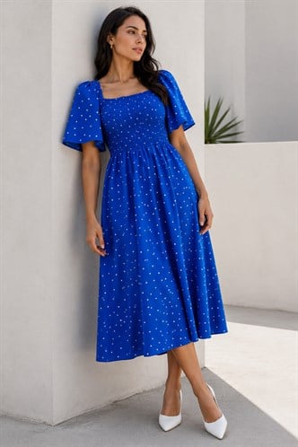 Saks Desenli Belden Lastikli Midi Elbise - MG2101