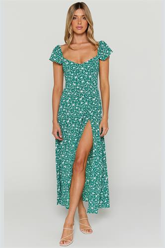 Mavi Desenli Yırtmaçlı Uzun Elbise MG2004