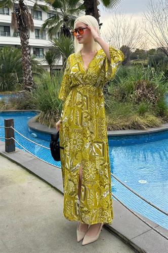 Yeşil Desenli Yırtmaç Detaylı Uzun Elbise MG2325