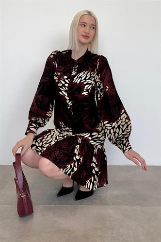 Bordo Desenli Düğmeli Kısa Kadın Elbise MG2432 