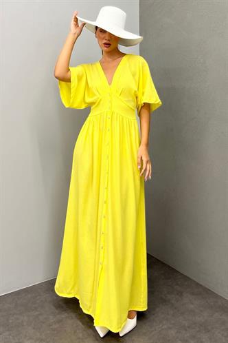Madmext Sarı V Yaka Düğmeli Elbise Mg2339
