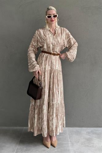 Bej Desenli Önü Düğmeli  Uzun Kollu Elbise MG2398