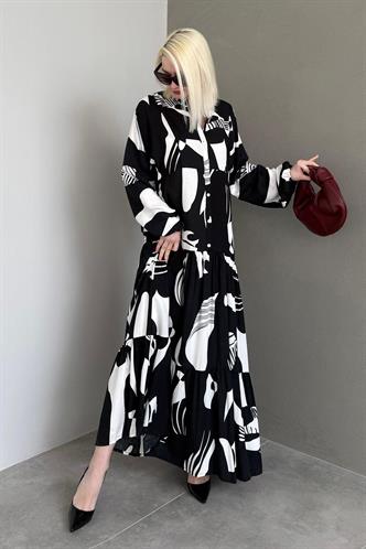 Siyah Desenli Düğmeli Uzun Kollu Elbise MG2391