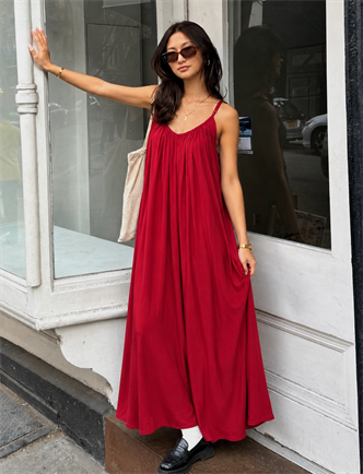 Bordo Halter Yaka Askılı Uzun Basic Kadın Elbise MG2163