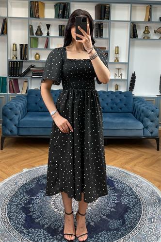 Siyah Desenli Belden Lastikli Midi Elbise - MG2101