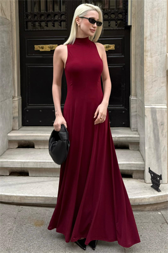 Bordo Balıkçı Yaka  Maxi Boy Dökümlü Şık Kadın Elbise MG2664