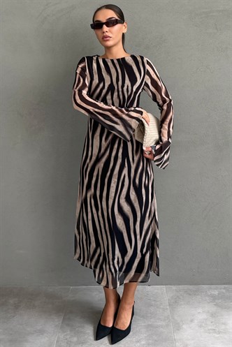 Bej Zebra Desenli Şifon Midi Elbise MG2854