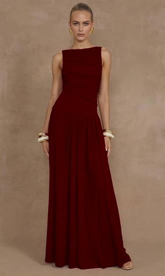 Bordo Önü Dökümlü Uzun Boy Kadın Elbise Mg2364