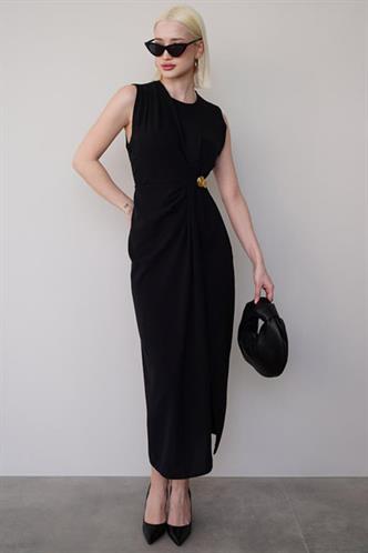 Siyah Bronşlu Midi Boy Kadın Elbise Mg2418