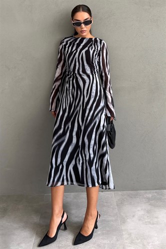Gri Zebra Desenli Şifon Midi Elbise MG2854