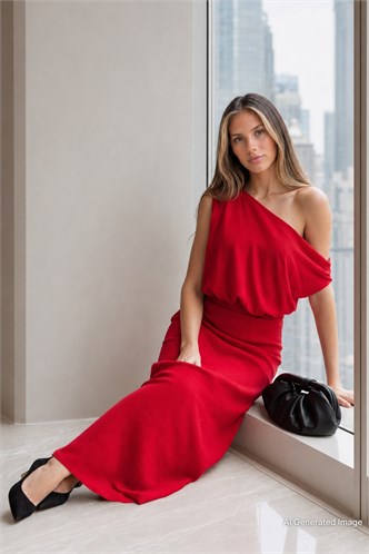 Madmext Kırmızı Düşük Omuz Elbise Mg2349